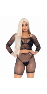 Bling Queen Black Fishnet Crop Top Set