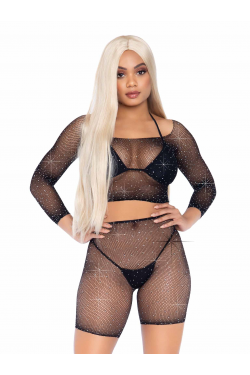 Bling Queen Black Fishnet Crop Top Set