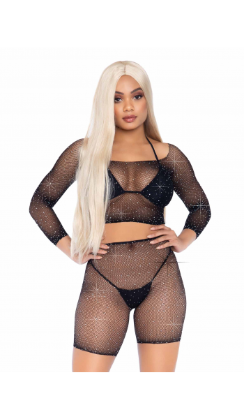 Bling Queen Black Fishnet Crop Top Set