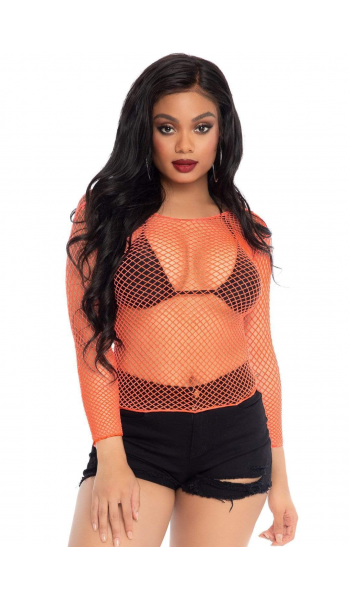 Neon Orange Fishnet Long Sleeve Shirt