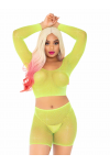 Bling Queen Neon Yellow Fishnet Crop Top Set